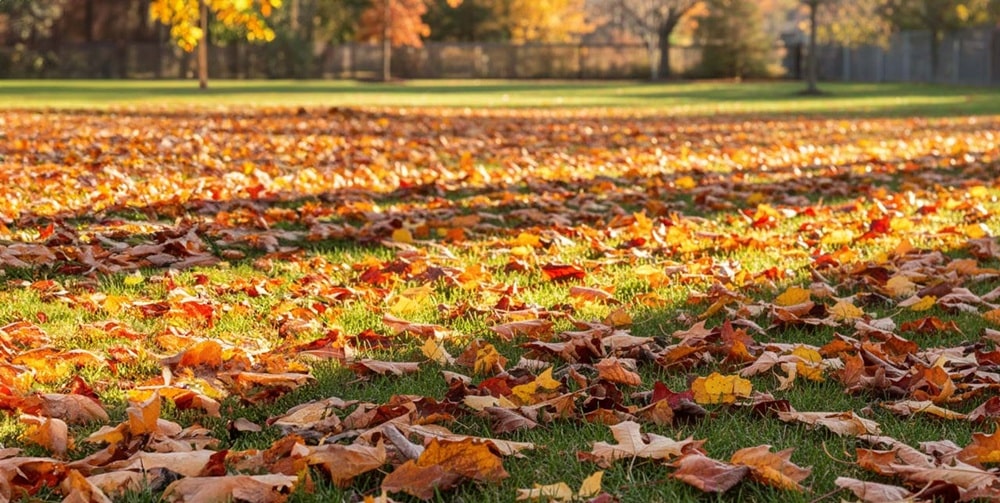Spadané podzimní listí na trávníku v zahradě, údržba trávníku a odstraňování listí pro zdravý růst trávy