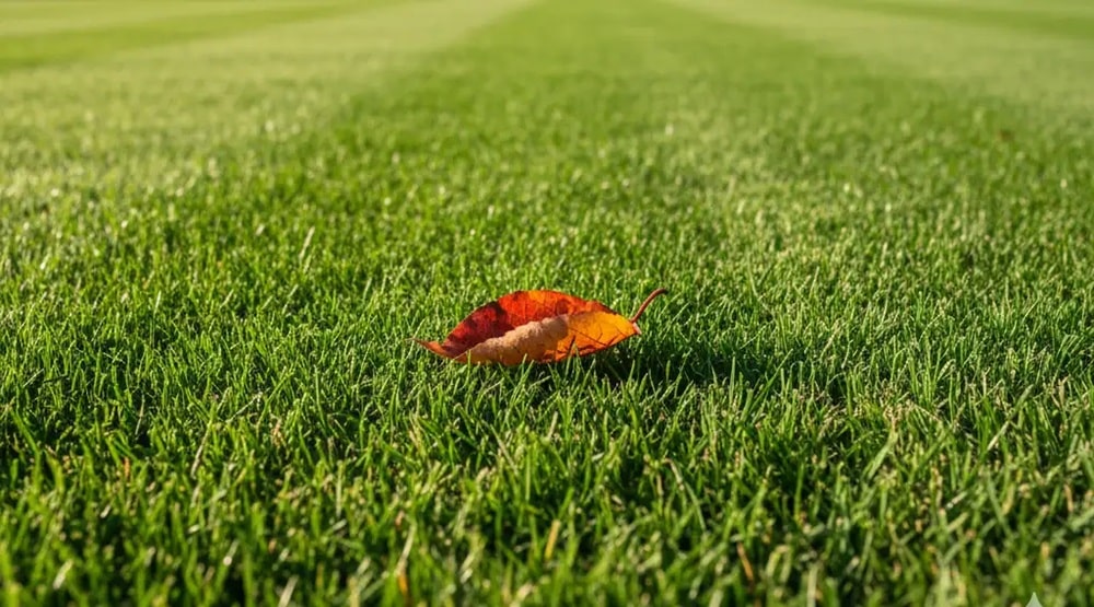 Hustý zelený trávník s podzimním listem jako ukázka zdravého a dobře udržovaného porostu
